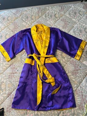 Purple embroidered Satin reversible Kimono Robe with Yellow Trim